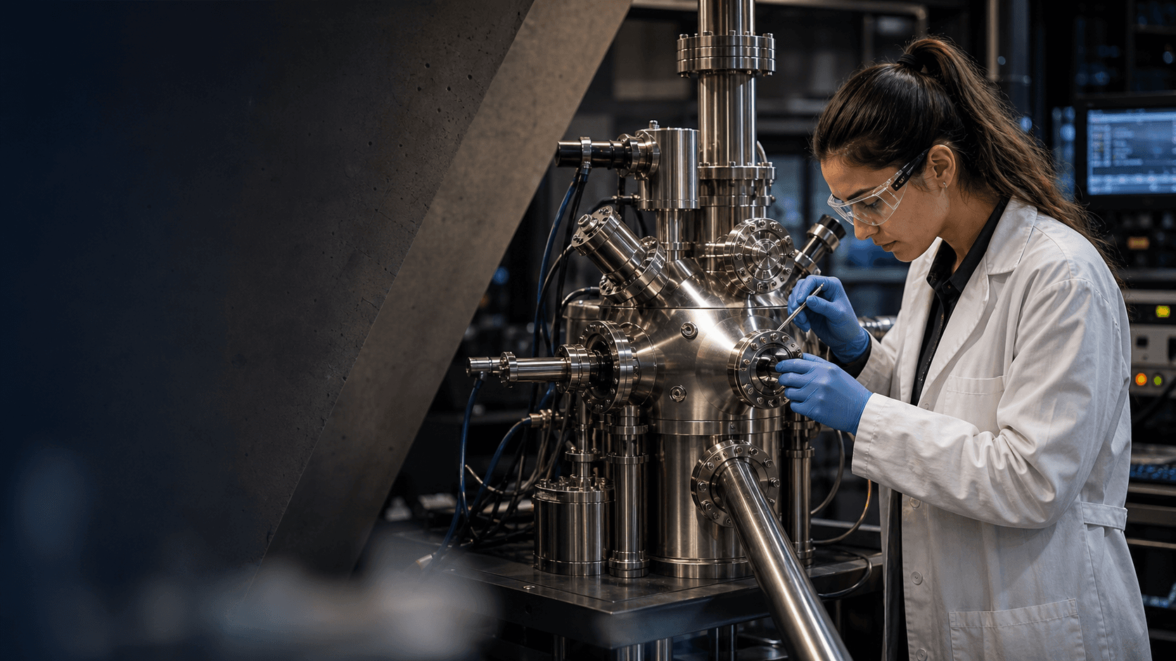 Scientist working with advanced inorganic chemistry laboratory equipment